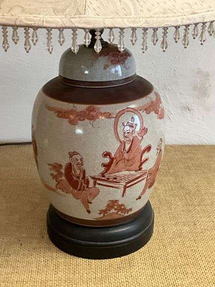 Table Lamp With Ceramic Base Depicting Figurative Scene and Embellished Shade