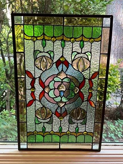Stained Glass Panel With Floral and Geometric Design