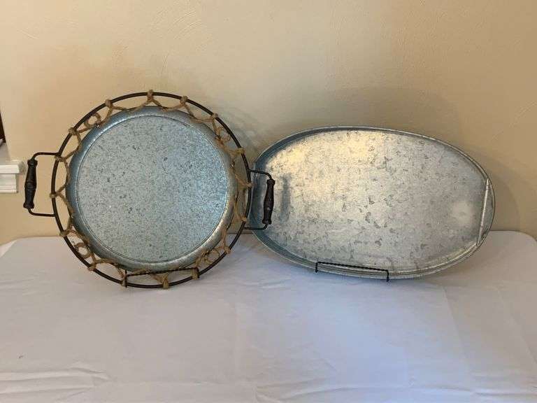 Two Galvanized Metal Trays with Handles