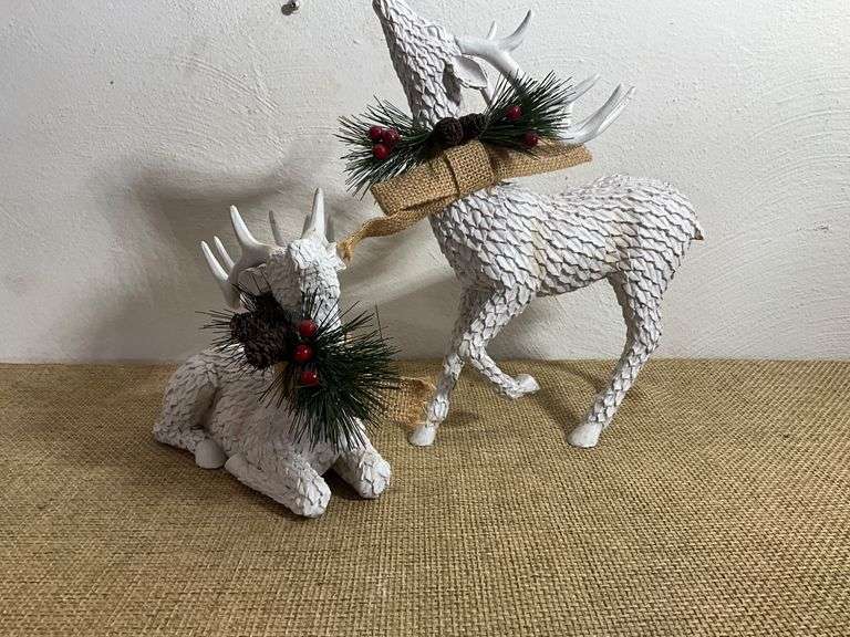 Two White Textured Reindeer Figurines with Holiday Accents