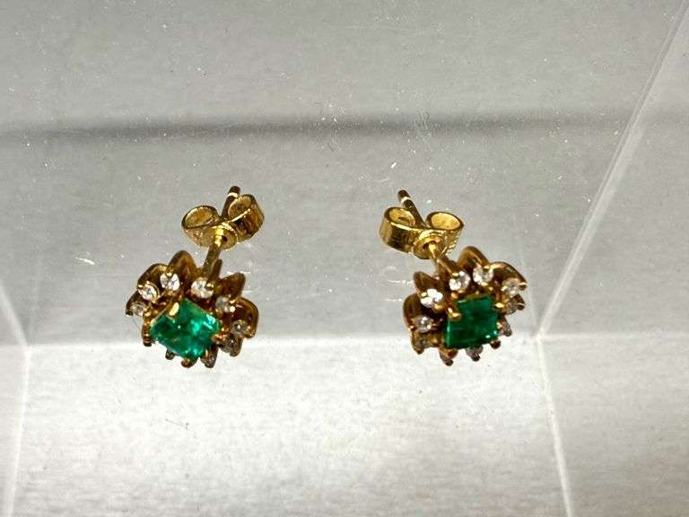 18K Gold Emerald and Diamond Earrings with Butterfly Backs