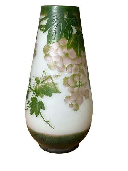 Gallé Signed Cameo Glass Vase with Grapevine Motif and Raised Signature