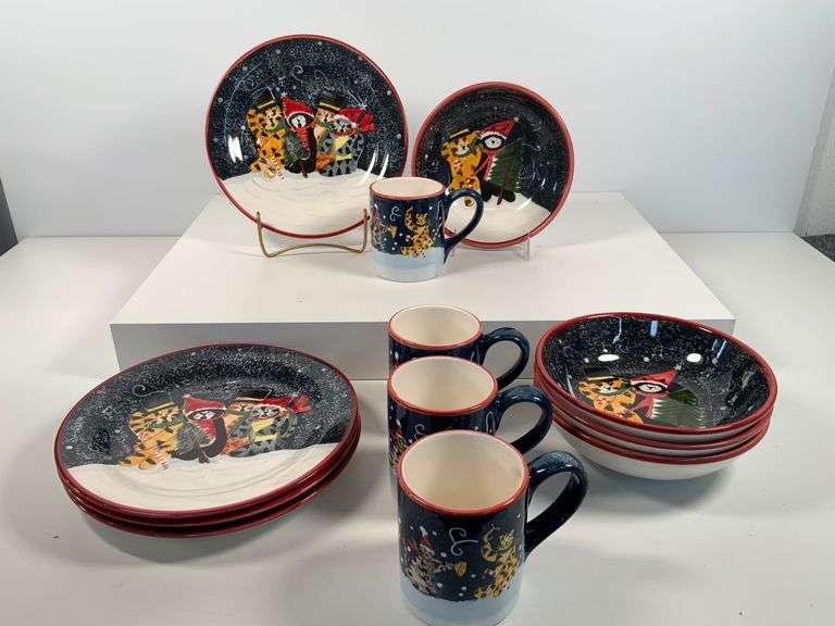 4 Holiday Cat Themed Ceramic Dinnerware Pieces by Creatively Yours Gift & Design Inc.