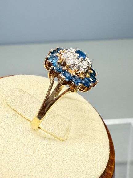 10K Yellow Gold Ring with Diamonds and Blue Sapphires in Cluster Design