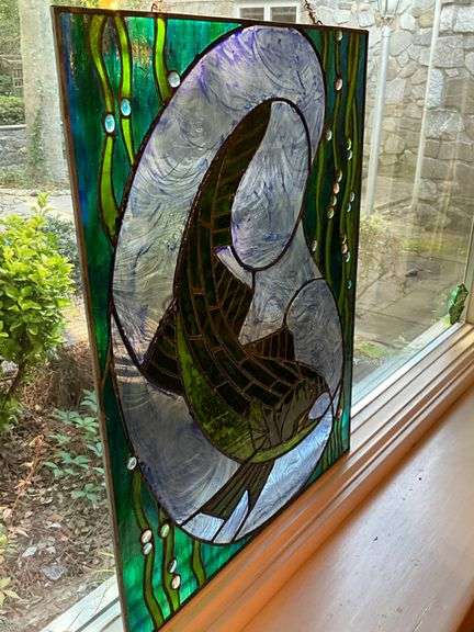 Stained Glass Panel Featuring Fish Design with Green and Blue Accents