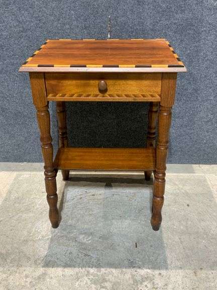 Wooden Side Table With Drawer and Two-Tone Inlayed Top