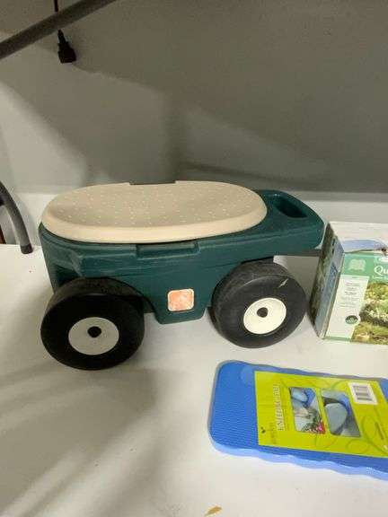 Gardening Tools and Accessories Including Rolling Garden Seat, Kneeling Pad, and Spreaders