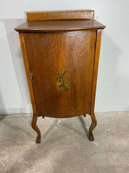 Vintage Wood Music Cabinet With Musical Motif and Interior Shelving