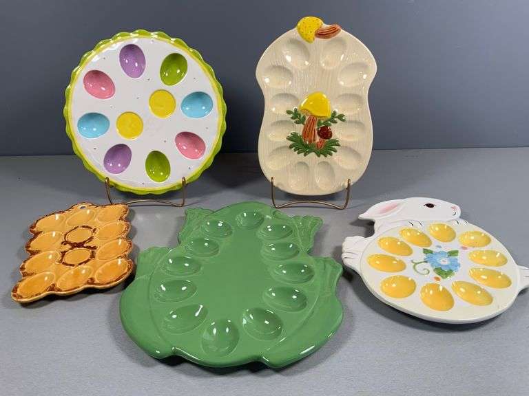 Five Ceramic Deviled Egg Plates with Various Designs