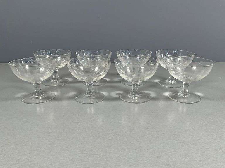 8 Clear Etched Glass Coupe Glasses