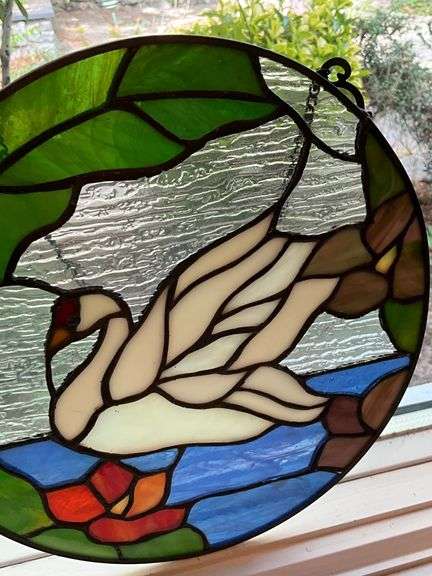 Stained Glass Oval Panel Featuring Swan and Floral Design