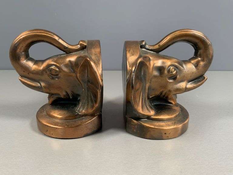 Elephant Head Metal Bookends with a Bronze-Like Finish