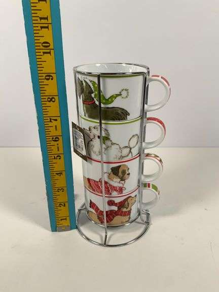 Pier 1 Holiday Dog Design Stackable Mugs with Stand