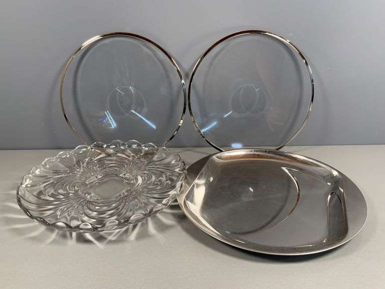 Serving Platters, Cut Glass, Clear With Silver Rim and IKEA Silver Tray