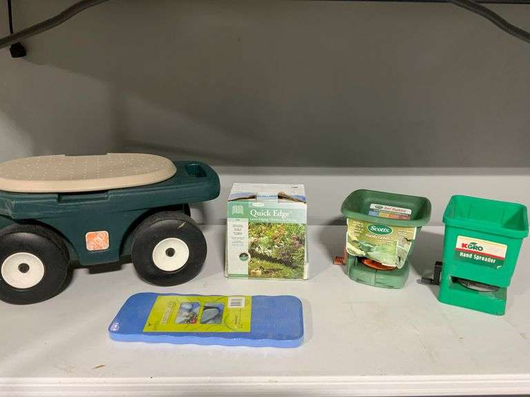 Gardening Tools and Accessories Including Rolling Garden Seat, Kneeling Pad, and Spreaders
