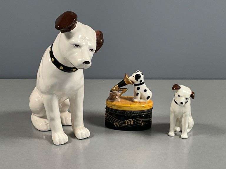 RCA ‘Nipper’ Figurines Including Coin Bank, Miniature Figurine, and Trinket Box