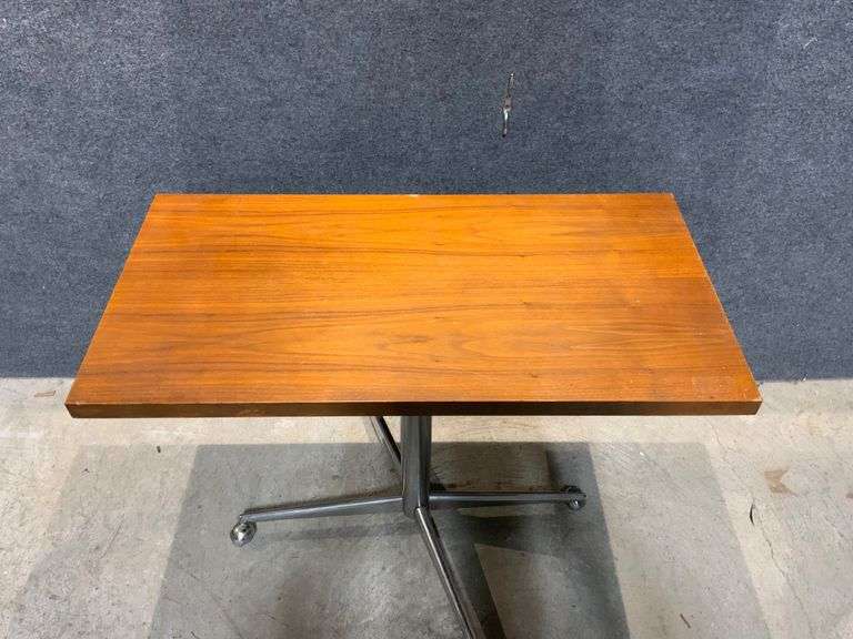 Adjustable Swivel Table with Wood Top and Chrome Base on Casters