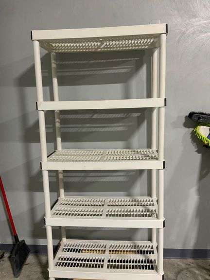White Plastic Tiered Shelving Unit With Black Accents