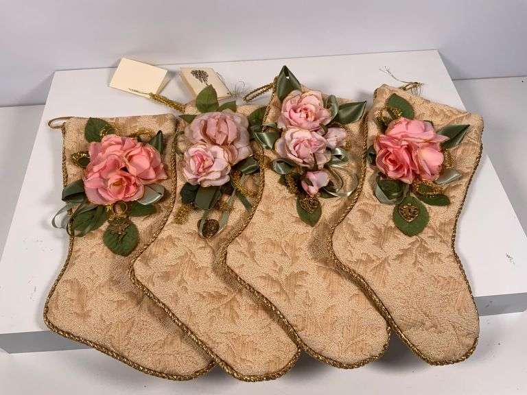 4 Floral Christmas Stockings With Gold Accents