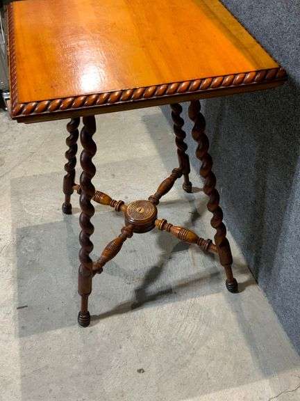 Wood Side Table with Barley Twist Legs and Decorative Cross-Stretcher