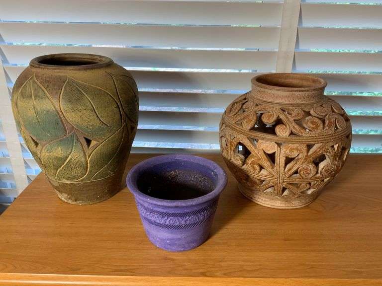 Three Decorative Pottery Planters With Carved Designs