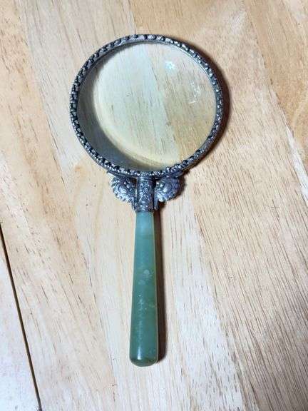Vintage Magnifying Glass With Ornate Metal Surround and Jade Handle