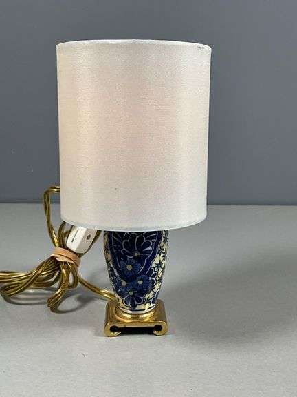 Blue and Yellow Ceramic Table Lamp with Gold Accents