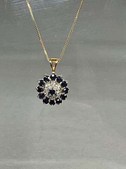 10ct Gold Pendant with Sapphire and Diamond on 14k Gold Chain