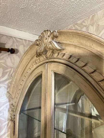 Ornate Wood and Glass Display Cabinet With Arch Top and Interior Lighting