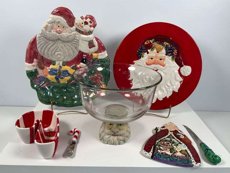 Christmas Themed Ceramic Serveware Including Santa Plates, Glass Bowl, and More