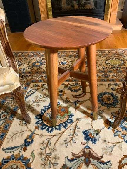 Round Wooden Side Table with Brass-Tipped Legs