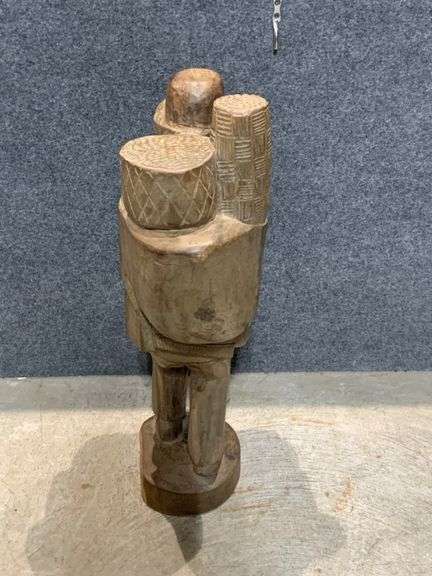 Barefoot Traveler Hand-Carved Wooden Statue of Man Carrying Baskets