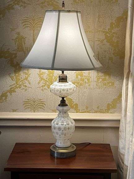Opaline Glass Table Lamp With Brass Accents and White Shade