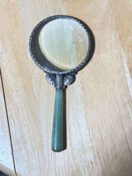 Vintage Magnifying Glass With Ornate Metal Surround and Jade Handle