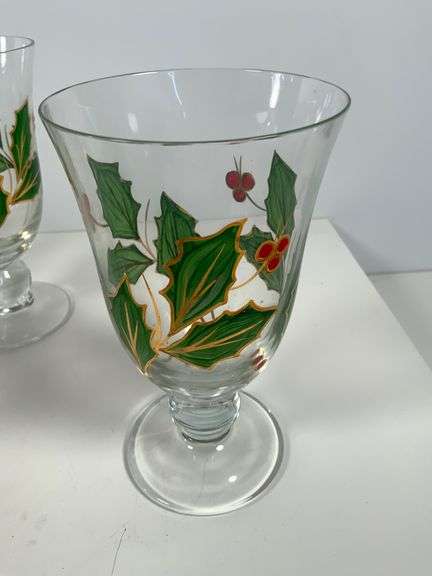 8 Hand Painted Glass Goblets with Holly Design