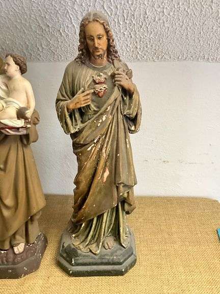 Four Religious Figurines Featuring Virgin Mary, Jesus, and Saints