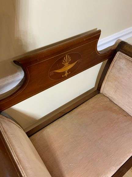 Wooden Loveseat Bench With Inlay Design and Upholstered Seat