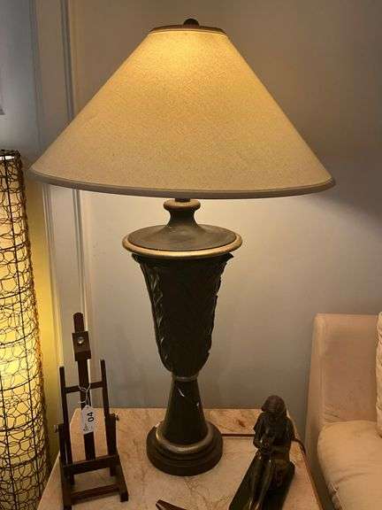 Table Lamp With Leaf Motif and Beige Tapered Shade