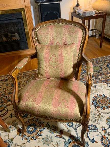 Louis XV-Style Wooden Armchair With Upholstered Fabric and Pillow