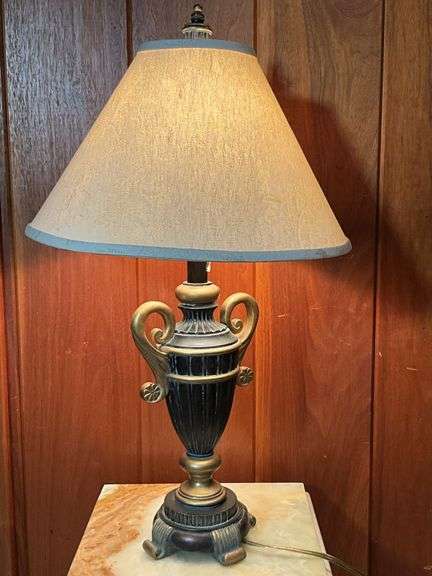 Metal Table Lamp with Decorative Urn-Style Base and Fabric Shade