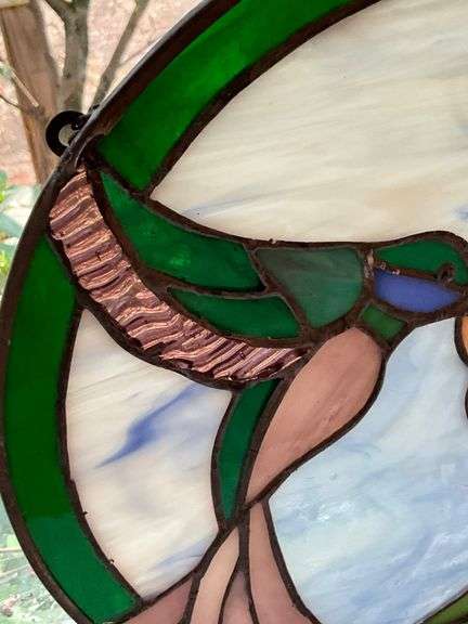 Stained Glass Panel Depicting Hummingbird and Flowers