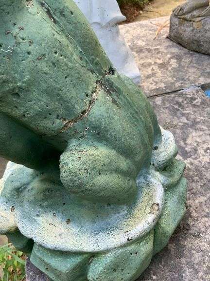 Green Concrete Frog Garden Statue With Crack on Back
