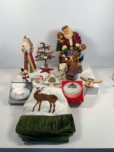 Holiday Decor Lot with Santa Figurines, S&P Shakers, and Textiles
