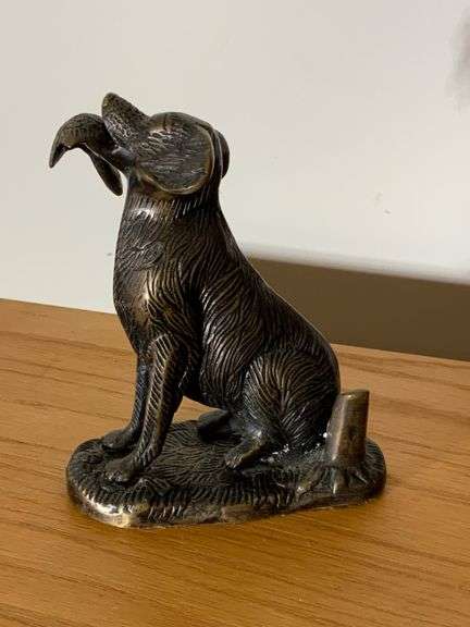 Bronze Dog Figurine Holding Duck