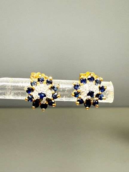 10k Gold Earrings With Sapphire and Diamond Cluster Design