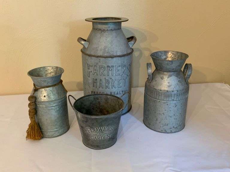 Four Galvanized Metal Decorative Containers