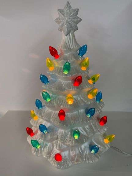 White Glitter Ceramic Christmas Tree With Plastic Multicolored Lights and Star Top