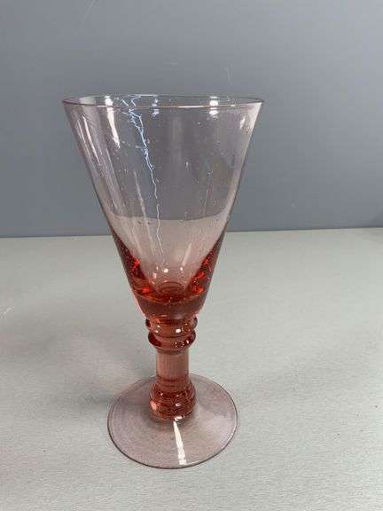 8 Pink Glass Goblets with Decorative Stems