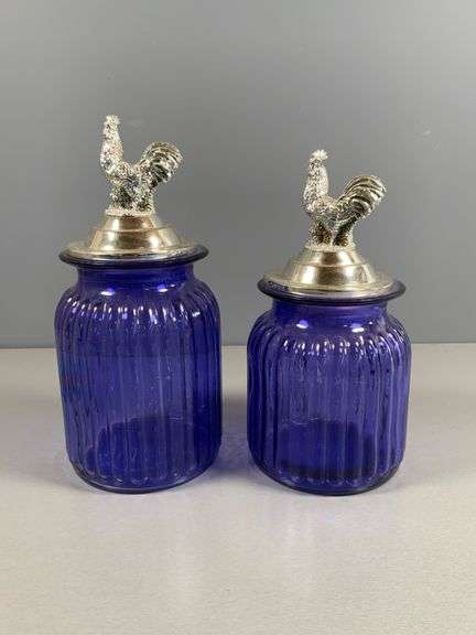 Cobalt Blue Glass Jars with Silver-Tone Rooster Lids