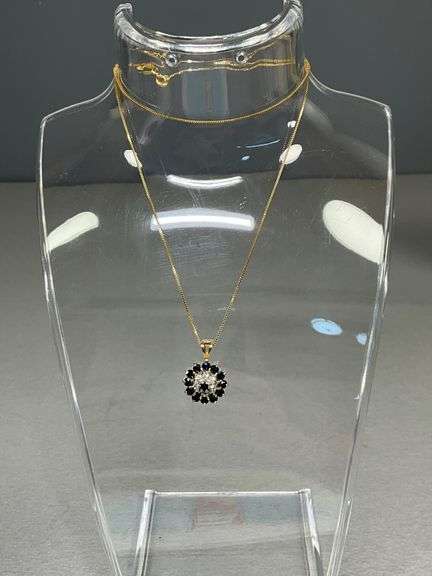 10ct Gold Pendant with Sapphire and Diamond on 14k Gold Chain